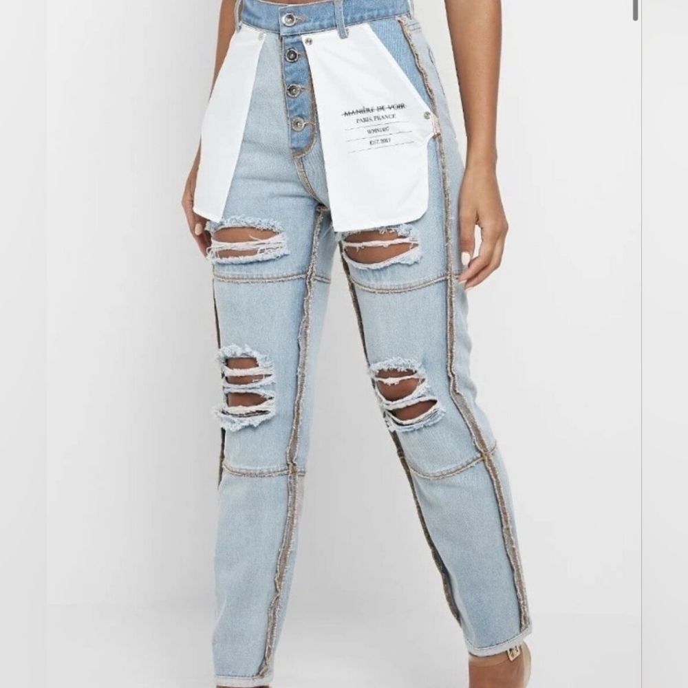 Maniere De Voir Two-Tone Light Blue Distressed Jeans with White Panel